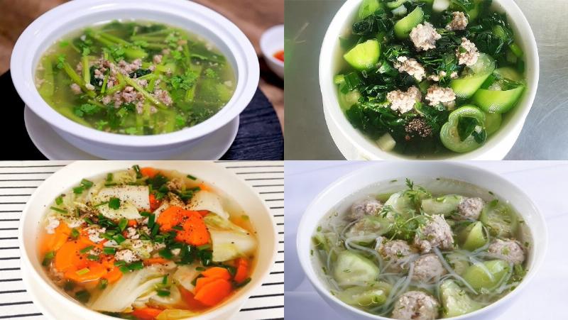 Món canh rau cải canh nấu thịt băm, tô canh nóng hổi, màu xanh bắt mắt